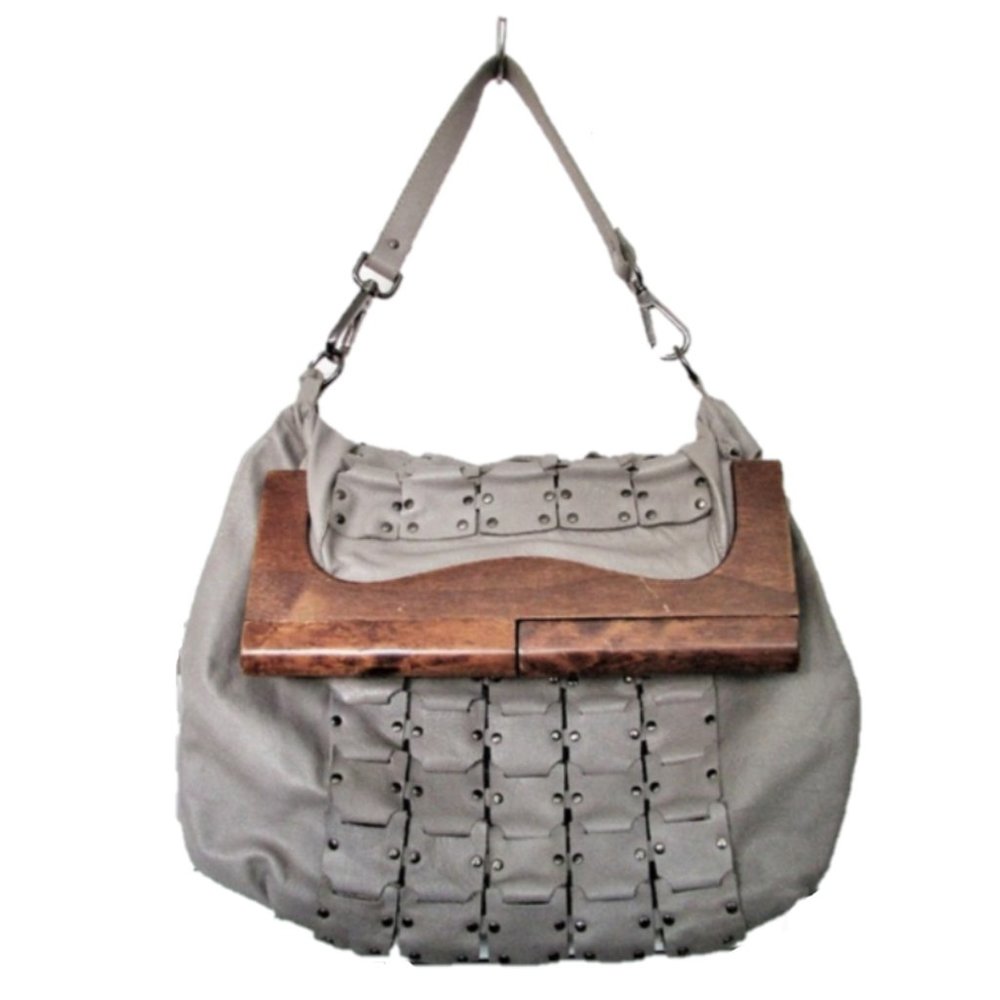 Zara taupe leather wood handle clutch/handbag